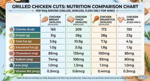 Nutrition comparison chart of grilled chicken breast, thigh, drumstick, and wing