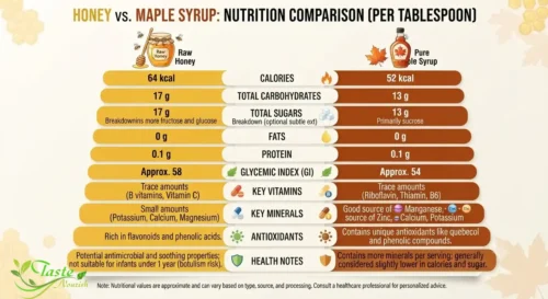 Honey vs Maple Syrup: Nutrition comparison chart of honey vs maple syrup per tablespoon