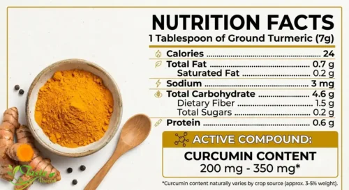 Nutrition facts for one tablespoon of ground turmeric, including calories and curcumin content