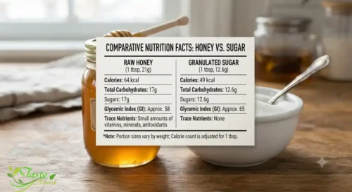 Nutrition facts label comparison chart showing honey versus sugar calories and glycemic index