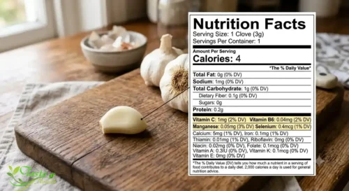 Garlic Calories: Nutrition facts label showing calories, carbs, and vitamins in one raw garlic clove