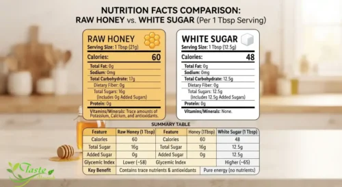 Nutrition label comparison chart of honey versus white sugar calories