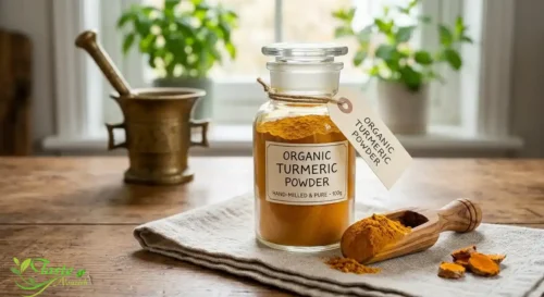 Organic turmeric powder in a glass jar