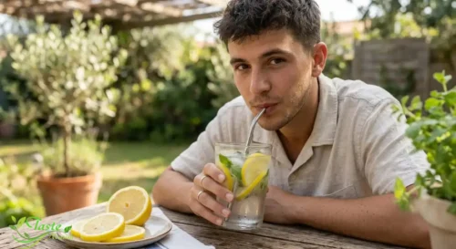 Lemon Water Benefits: Person drinking lemon water through a straw to protect tooth enamel