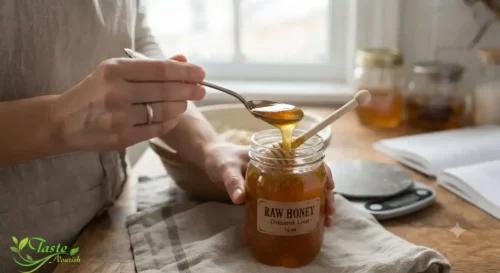 Honey vs. Sugar: Person measuring a tablespoon of honey in a kitchen for a recipe