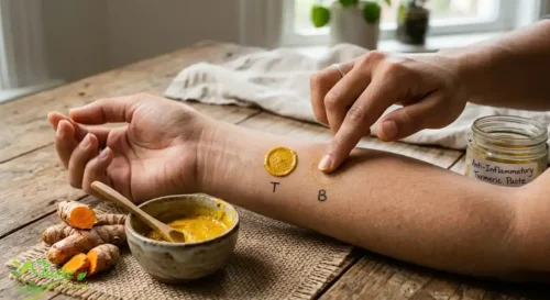 Person patch-testing turmeric paste on inner forearm