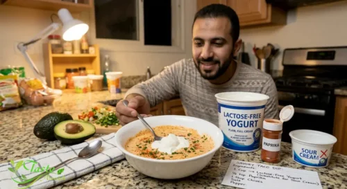 Plain yogurt used as a substitute for sour cream in a kitchen recipe