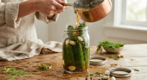 Pouring warm garlic dill pickle brine over cucumbers