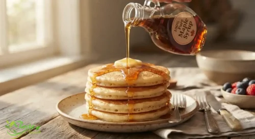 Honey vs Maple Syrup: Pure maple syrup being poured over a stack of pancakes