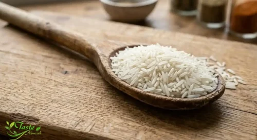 Types of Rice: Raw basmati rice grains on a wooden spoon