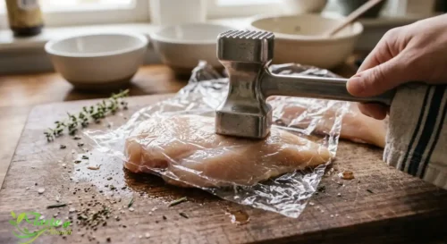 Raw chicken breast being pounded to an even thickness with a meat mallet