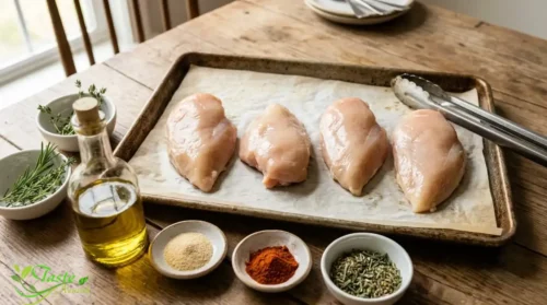 Baked Chicken: Raw chicken breasts with olive oil, garlic powder, paprika, and seasoning bowls