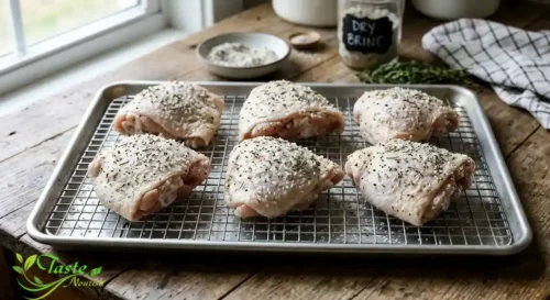 Raw chicken thighs coated in dry brine salt on a wire rack