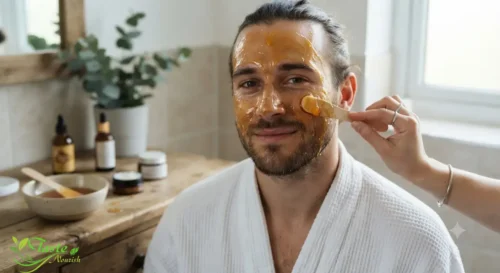 Honey Face Mask: Raw honey being applied to a woman's face as a natural skincare mask