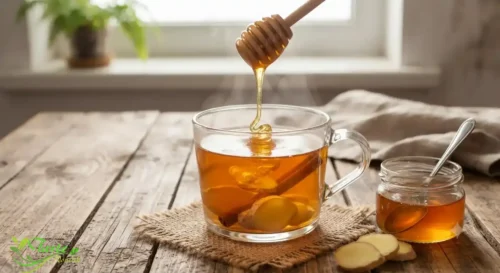 Raw honey being drizzled into hot ginger tea in a glass mug