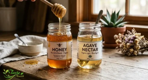 Honey vs Agave Nectar: Raw honey dripping from a wooden honey dipper into a glass jar