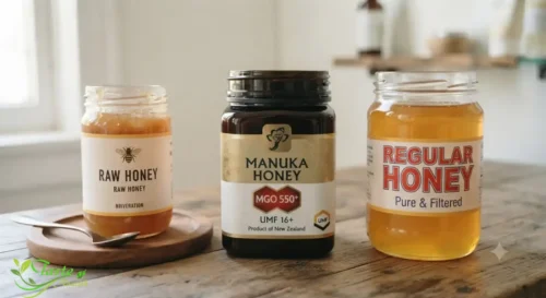 Honey for Hair: Raw honey, manuka honey, and regular honey jars side by side
