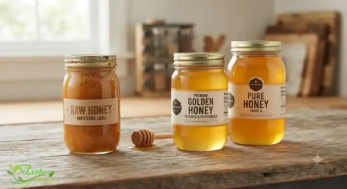 Honey for a Sore Throat: Raw honey next to processed honey jars on a wooden kitchen counter