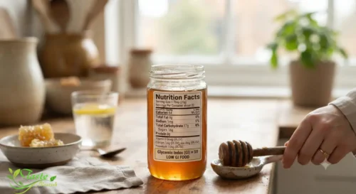Raw honey nutrition facts label showing calories, sugar, and glycemic index per tablespoon