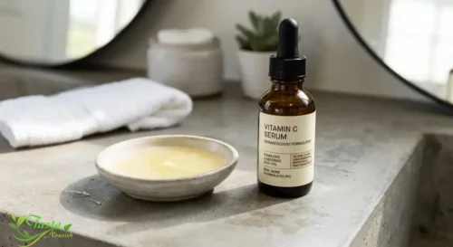 Raw lemon juice next to a vitamin C serum bottle for skincare comparison