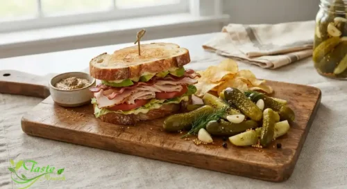 Refrigerator garlic pickles served alongside a sandwich