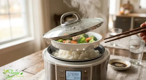 Rice cooker steaming a pot of freshly cooked white rice