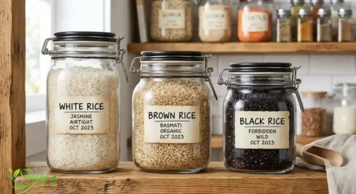 Types of Rice: Rice stored in labeled airtight glass containers