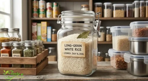 Rice Calories Explained: Rice stored in an airtight glass container in a pantry