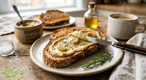 Roasted garlic spread on whole-grain toast as a butter substitu