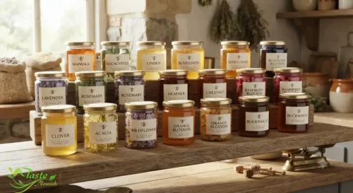Honey for Energy: Rows of raw honey jars with different floral sources on a shelf