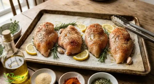 Seasoned chicken breasts arranged on a parchment-lined baking sheet before baking