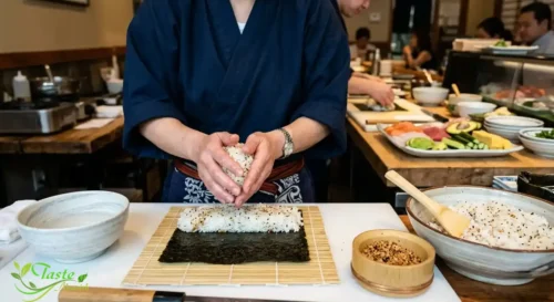 Seasoned sushi rice being shaped for rolls