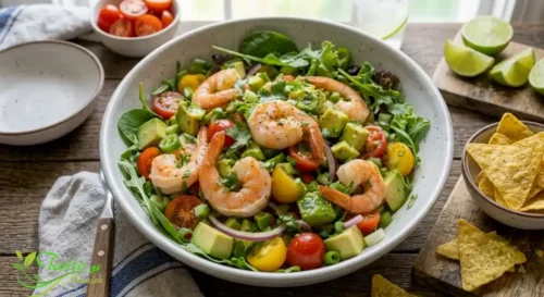 Shrimp avocado salad served over greens with tortilla chips
