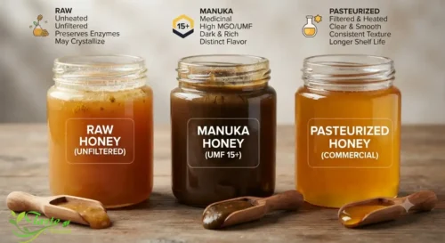 Honey Face Mask: Side-by-side comparison of raw honey, Manuka honey, and pasteurized honey