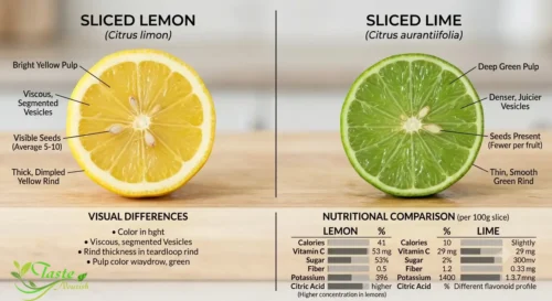 Lemon Nutrition Facts: Side-by-side sliced lemon and lime showing nutritional and visual differences