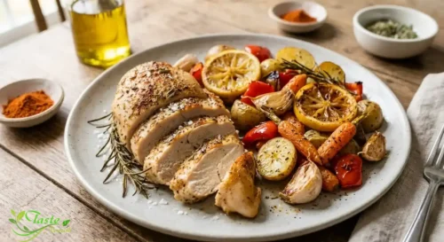 Sliced baked chicken breast served with roasted vegetables