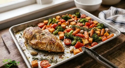 How to Cook Chicken Breast: Sliced baked chicken breast on a sheet pan