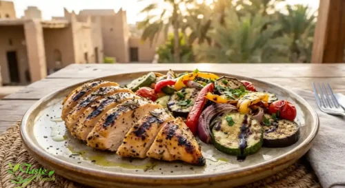 Sliced grilled chicken breast served with grilled vegetables on a plate