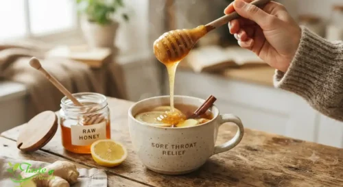 Honey for a Sore Throat:Spoonful of raw honey being drizzled for sore throat relief