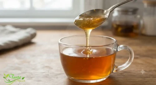 Is Honey Healthier Than Sugar: Spoonful of raw honey dripping into a cup of tea
