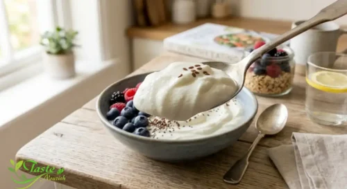 Spoonful of yogurt showing thick, high-protein texture