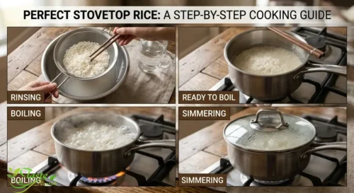How to Cook Rice: Step-by-step photos of rinsing, boiling, and simmering rice on the stovetop