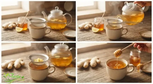 Step-by-step ginger and honey tea being strained into a mug