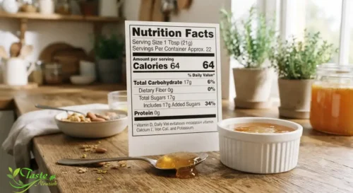 Honey for Energy: Tablespoon of honey next to a nutrition label showing calories and carbs