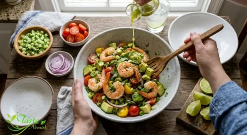 Tossing shrimp avocado salad with lime dressing