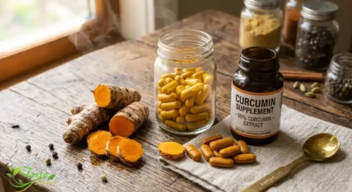 Turmeric capsules and curcumin supplements next to raw turmeric root