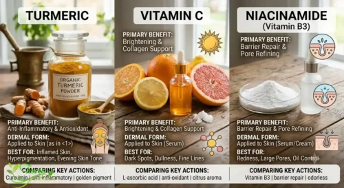 Turmeric compared to vitamin C and niacinamide skincare ingredients