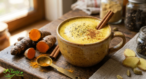Turmeric golden milk latte with black pepper and cinnamon garnish
