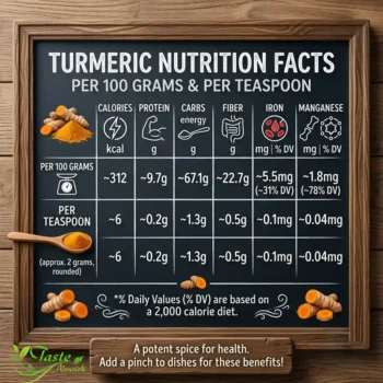 Turmeric nutrition facts chart showing calories, protein, carbs, fiber, iron, and manganese per 100 grams and per teaspoon