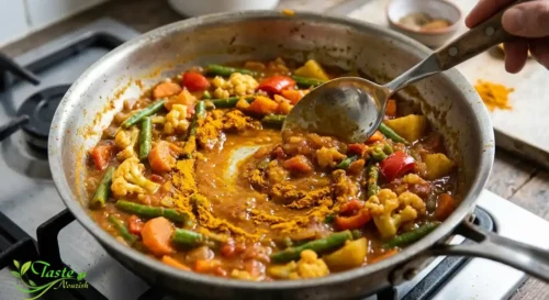 Turmeric powder being stirred into a vegetable curry in a stainless steel pan
